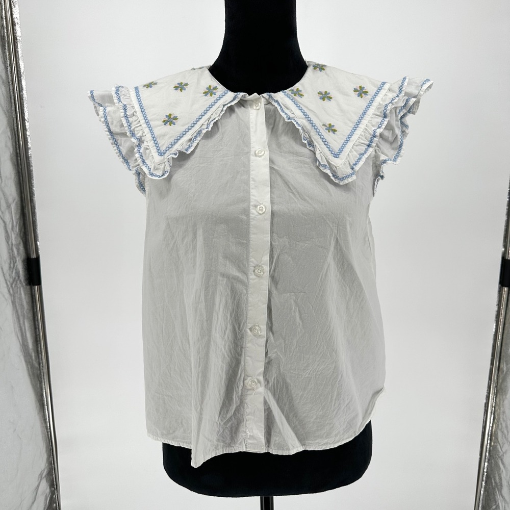 Zara White Cotton Peter Pan Collar Blouse Puff Sleeve Ruffle Top Cottage Small - Picture 2 of 6